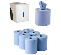 Pack of 6 Centrefeed Blue Paper Rolls & White Lockable Dispenser Unit Paper Hand Towel Dispenser -