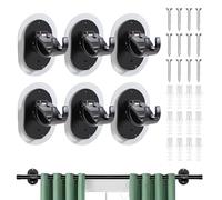 Pack of 6 Curtain Rod Holder, Extra Large Adjustable Self Adhesive Curtain Hooks for Poles Up to 4cm, No Drill Brackets Black, with Screws - Suitable for Living Room, Bathroom and Kitchen