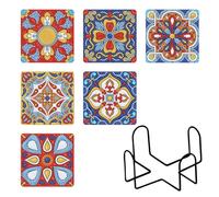 Pack of 6 Diamond Painting Coasters with Holder, 5D Diamond Non-Slip Square Cup Coasters, Diamond Painting Adult Art Coasters for Cups, Wine Glasses, Vases and Home Kitchen (6 Pieces-02)