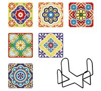 Pack of 6 Diamond Painting Coasters with Holder, 5D Diamond Non-Slip Square Cup Coasters, Diamond Painting Adult Art Coasters for Cups, Wine Glasses, Vases and Home Kitchen (6 Pieces-04)