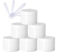 Pack of 6, Empty Thick Glossy White 50 ml Plastic Cosmetic Jars with Screw Lid, Inner Liner, Sample Bottles Travel + 6X Spatulas