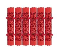 Pack of 6 Exquisite Flock Red Christmas Crackers - 13.5" Metallic Textured Festive Holly Foliage Xmas Holiday Dinner Table Decorations - Novelty Fun Prizes Gifts Contains Hats Jokes