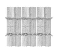 Pack of 6 Exquisite Silver Glitter Christmas Crackers - 13.5" Metallic White Festive Holly Foliage Xmas Holiday Dinner Table Decorations - Novelty Fun Prizes Gifts Contains Hats Jokes