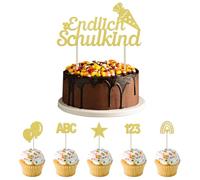 Pack of 6 Finally School Child Cake Toppers, Glitter First Day of School Cake Decoration, Paper Cake Toppers, Cupcake Cake Decoration, for School Child, Gift, First Day at School Party, School
