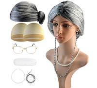 Pack of 6 Grandma Grandmother Wig Costume Set Wig Cap Glasses Chains Pearl Chain Accessories for Cosplay Carnival Halloween Women Girls Fancy Dress + Glasses Case