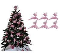 Pack of 6 - Hanging Glitter Reindeer Christmas Tree Decorations - 2.2cm x 9.5cm (Blush (Pink))