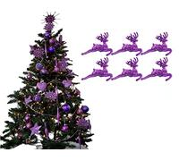 Pack of 6 - Hanging Glitter Reindeer Christmas Tree Decorations - 2.2cm x 9.5cm (Lilac)