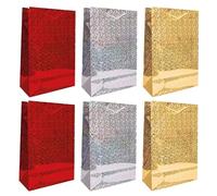 Pack of 6 Large Holographic Foil Gift Bags with Handles (32 x 26 x 12cm) - Reusable Metallic Shiny Party Bags in Red, Silver & Gold for Wedding, Birthday & Christmas Presents - Luxury Gift Bag Set