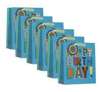 Pack Of 6 Medium Paper Gift Bags Blue Happy Birthday Message Design With Ribbon Handles