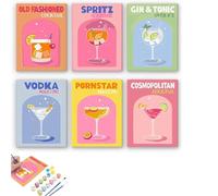 Pack of 6 Painting by Numbers Cocktail with Stretcher Frame, Mini Paint by Numbers 15 x 20 cm, Paint by Numbers Adults Modern Bar Mixology Art Series for Adults and Beginners with Brush Acrylic Paints