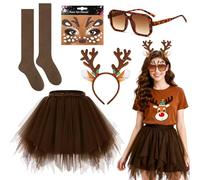 Pack of 6 Reindeer Costume Women's Costume Animal Costume Adult Deer Antlers Headband Ears Tutu Skirt Socks Face Tattoo Leopard Print Glasses for Christmas Carnival Theme Party
