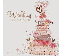 Pack Of 6 Wedding Day Card Invitations & Envelopes - Pink Wedding Cake & Butterflies