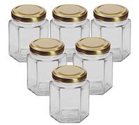 Pack Of 6 x 12oz / 250ml Hexagonal Glass Food Jar With Gold Twist Off Lids