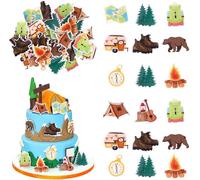 Pack of 60 Edible Camper Theme Cake Decoration Tree Bear Tent Campfire Guitar Cupcake Toppers Edible Happy Camping Cake Decoration for Weekend Outdoor BBQ Themed Birthday Party Cake Decorations