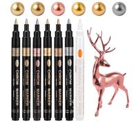 Pack of 7 Metallic Acrylic Pens, 6 Colours, 0.7 mm Permanent Chrome Marker, Special Ink, Waterproof Gold Pen for Graffiti Manicure, Metal, Glass, Colouring Model