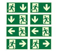 Pack of 8 Emergency Exit Sign, 300 x 150 mm, with Arrows Down, Left and Right, PVC Self-Adhesive Sign, Emergency Exit Sign, Extra Long Photoluminescent, Escape Route Sign, for Various Buildings