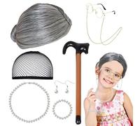 Pack of 8 Grandma Costume, Grandma Wig Grey, Grandma Glasses with Chain, Pearl Necklace, Earrings, Bracelet and Inflatable Stick, Old Lady Costume Accessories, Costume Old Woman for Carnival, Carnival