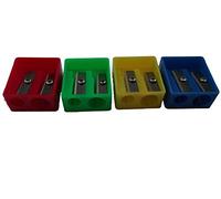 Pack of 8 Mixed Double Hole Plastic Pencil Sharpeners. (Includes 2 Blue, 2 Green, 2 Yellow and 2 Red Sharpeners).