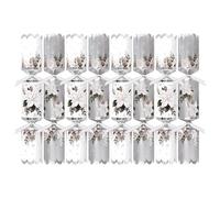 Pack of 8 Premium White Silver Floral Christmas Crackers - 12.5" Metallic Festive Xmas Holiday Dinner Table Decorations - Novelty Fun Prizes Gifts Contains Hats Jokes