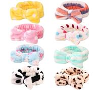 Pack of 8 Spa Headbands, Coral Fleece Makeup Headband, Cosmetic Headband for Washing Face, Bow Headbands for Shower, Terry Cloth Headbands for Women, Face Hair Band (Pattern B)