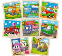 Pack of 8 Wooden Puzzles for Toddlers 2-4.9 Pieces 3-5 Years Old Construction Vehicles Puzzle Preschool Educational Toy Gift Set for Children and Children