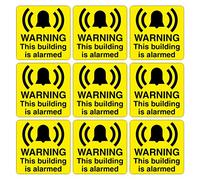 Pack of 9 Security signs Warning this building is alarmed Size 60mm x 60mm Self Adhesive Vinyl Stickers Ideal for businesses and homes