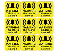 Pack of 9 Security Signs. Warning This Door is alarmed. Size 80mm x 80mm Self Adhesive Stickers. Ideal for Businesses and Homes. Easy to Apply