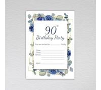 Pack of 90th Birthday Party Invitations: Dusty Blue Eucalyptus and Navy Rose Ninetieth Invites (Pack of 20 without Envelopes)