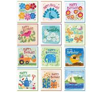 Pack of Birthday Cards for women and men, 14x14cm, 12 designs in this birthday cards multipack, each with a coloured envelope. Printed in the UK, by Just Cards Direct (GE1025)