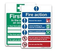 Pack of First Aid In the event of an accident & Fire Action Sign, A4 297 x 210mm, Self-adhesive Vinyl Sticker, Emergency Fire Safety