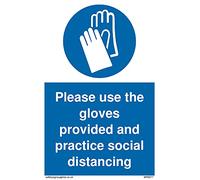 Pack of five - Please use the gloves provided and practice social distancing with protective gloves symbol Sign