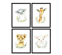 Pack of four sheets with illustrations of animals. Posters with children's animal pictures. Girafa goat hippopotamus and lion. A4 unframed