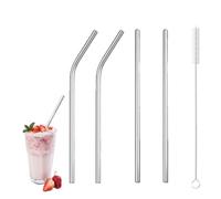 Pack of Four Stainless Steel Straws and Brush Set- 8.5” Straight & Bent Reusable Metal Milkshake Straws for 8-16oz Cups - Dishwasher Safe, Curved Design for Smoothies, Iced Coffee & Cocktails