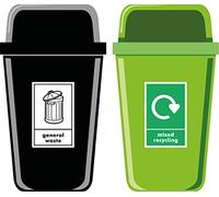 Pack of high strength self adhesive signs 90mm x 140mm - General waste x 5 and Mixed recycling x 5