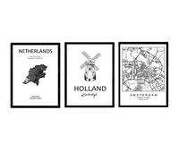 Pack of posters and monuments countries. Amsterdam city map, map Netherlands Kinderdijk monument. A3 size