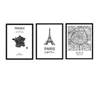 Pack of posters and monuments countries. Paris city map, map Eifell tower monument France. A3 size