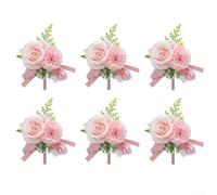 Pack of six men's corsages featuring artificial roses and delicate flowers for weddings, prom nights, dance events, and anniversary parties (pink)