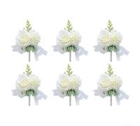 Pack of six men's corsages featuring artificial roses and delicate flowers for weddings, prom nights, dance events, and anniversary parties (White)