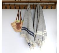 Pack of two smart & stylish 100% wool British made blanket throws in silver grey with cream and blue stripes