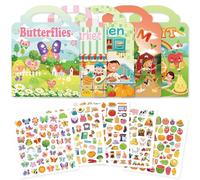 Pack Reusable Sticker Books for Toddlers 2-4, Puffy Stickers Activity Book with Butterflies, Kitchen, Farm, Supermarket & Fruit Themes, Educational Travel Toys for Kids, Airplane & Road Trip Gifts