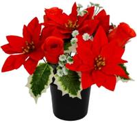 Pack1 Christmas Artificial Flowers for Graves in Pots| Red Poinsettia with Rose Heads| Cemetery Artificial Poinsettia Grave Flower Pots | Durable Grave Pot for Floral Arrangement Decorations