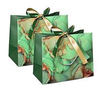 PACK4YA Paper Gift Bags with Bow Ribbon, Kraft Present Bag Pouches with Handles for Birthday, Wedding, Christmas, Party, Shopping, Baby Shower, Retail, 25x12x20 cm (Green Marble, 2 Pieces)