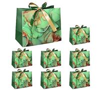 PACK4YA Paper Gift Bags with Bow Ribbon, Kraft Present Bag Pouches with Handles for Birthday, Wedding, Christmas, Party, Shopping, Baby Shower, Retail, 25x12x20 cm (Green Marble, 8 Pieces)