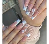 Package Contents:24 pcs false nails,1 piece nail file,1 sheet of double-sided jelly glue stickers. How to Use : 1.File the sides and cuticle are for an accurate fit,clean your nails and wait for then to air dry. 2. Choose the right jelly gule to stick on the nail surface and choose the right size fake nail to stick on the nail. 3. Put on fake nails and press for 5 seconds and sanding the edges is done,please after you wear the false nail try not to get your hands wet at the fisrt few minute. How to Remove: 1.Put your nails in warm water for 2 minutes which will remove nail sticker easier. 2.Do not remove it abruptly which may leave some mark of the nail stickers on your nail surface.In that case,you can also clean the remain nail stickers with water. Note: 1)Try not to get your hands wet the fisrt few minute you wear the false nail. 2)The colors may exist slight difference due to different screens. Feature: Press on nails are made of high quality ABS material,no harm to your nails or body,durable and not easy to fade. 24 pcs french flower false nails in 12 different sizes,no matter what your nail size is,you can choose the most suitable false nail for yourself. You can have beautiful nails in just a few simple steps,3 minutes instead of 30 minutes in nail salon.