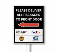 Package Delivery Sign With Arrow, Please Deliver All Packages To The Front Door With Left Arrow, 18X22CM, Set of 1, Rust Free Heavy Aluminum, Weatherproof And Fade Resistant, Outdoor Use