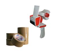Packaging Essentials Bundle | Tape Dispenser, Fragile & Brown Packing Tape, Stretch Wrap Roll | Shipping & Moving Supplies for Boxes & Parcels (1 x Tape Dispenser Gun + 6 x Brown Tapes)