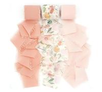 Packaging Ribbon Mix 3 Roll 5m Printed Flowers Frayed Edged Satin Handmade Chiffon Ribbon for Wedding Invitation Bouquet Birth Party DIY Dec(Flower Set E)