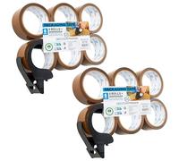 Packaging Tape Dispenser with Tape 6 Rolls Strong Brown Tape Fragile Tape Clear Tape Heavy Duty Tape for Packing Boxes Moving House Essentials (Small Dispenser Brown, 2 Pack)