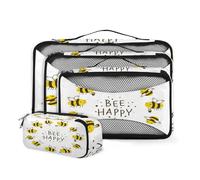 Packing Cubes for Suitcase Cute Bee Happy Quotes Travel Luggage Organiser Lovely Bee Print Toiletry Storage Bag 4 Piece Set Different Sizes