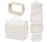 PACKISM Quilted Travel Makeup Bag for Women - PU Leather Open Flat Cosmetic Bags for Women with Dividers, Independent Brush Holder, Waterproof Make Up Organizer for Travel Bathroom, Off-white and